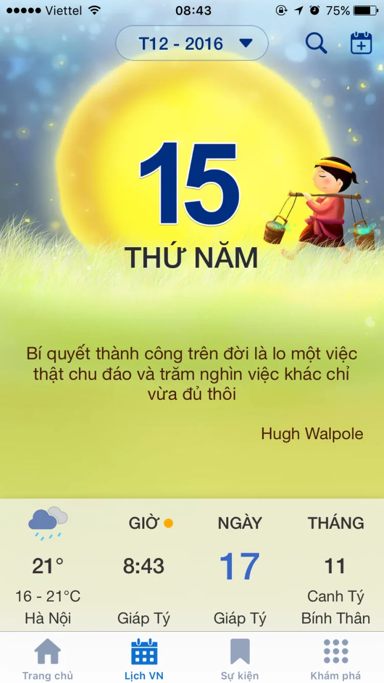 Lịch VN — daily home screen with lunar date and Vietnamese folk illustration