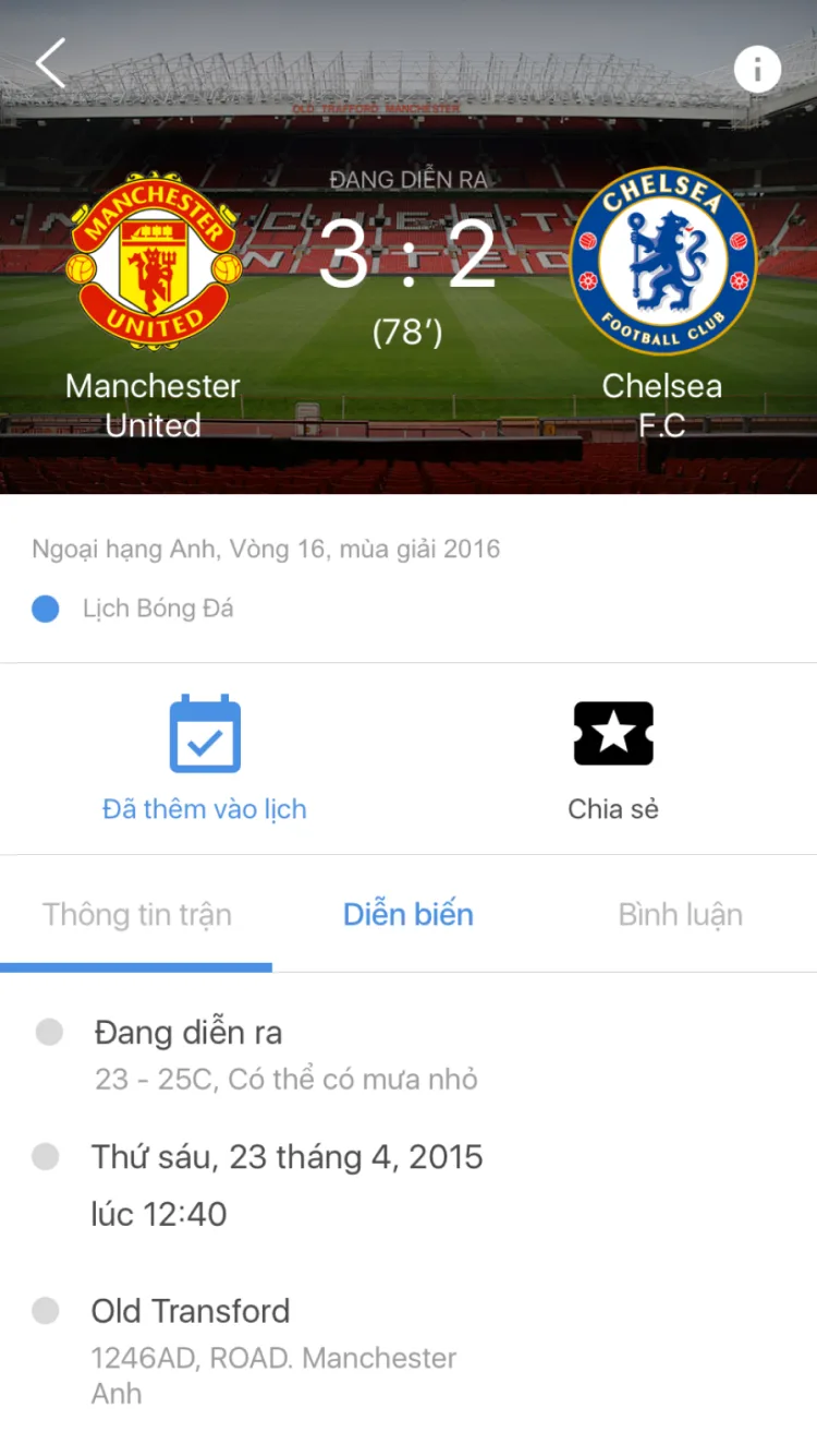Lịch VN — live football match detail (Manchester United vs Chelsea)